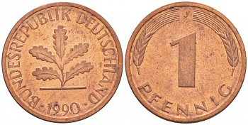 ФРГ 1 ПФЕННИГ 1990 J KM 105, J.380 сталь плакированная медью 4396-1542