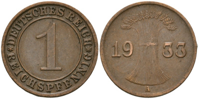 Германия 1 рейхспфенниг 1933 A KM 37, J. 313 бронза 4189-1218
