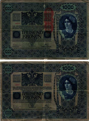 АВСТРИЯ 1000 КРОН 1919 КРАСНАЯ ВЕРТИКАЛЬНАЯ НАДПЕЧАТКА НА 1902 Pick 59 бумага 6289-7-1