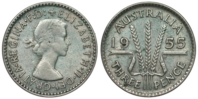 Австралия 3 пенса 1955 m, Елизавета II (1952-2022) KM 57 серебро 71-433