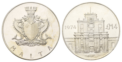 Мальта 4 лиры (фунта) 1974 Ворота Коттонеры KM 25 серебро BU 270-543