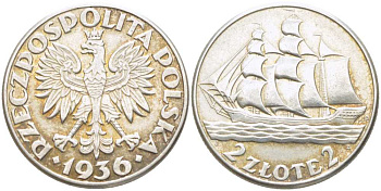 ПОЛЬША 2 ЗЛОТЫХ 1936 W, 15 ЛЕТ МОРСКОМУ ПОРТУ ГОРОДА ГДАНЬСКА, ПАРУСНИК KM 30 серебро XF 5010-1214