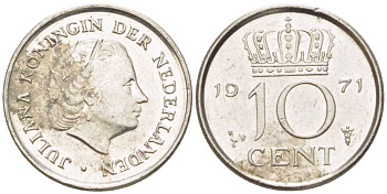 Нидерланды 10 центов 1971 Юлиана (1948-1980) KM 182 никель 214-1255