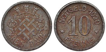 Германия, округ Даун 10 пфеннигов 1920 Рейнлянд-Пфальц, нотгельд Funk 89.1 железо 4119-1024