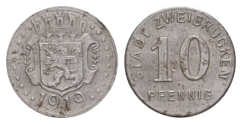 Цвайбрюккен 10 пфеннигов 1919 Funck 630.2, Men05 28182.3, Men18 35439.3 железо 4659-351