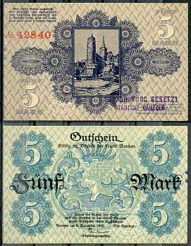 Германия, Баутцен 5 марок 1918 нотгельд, 8.11.1918, цифры широкие Gei.030.01  бумага  UNC (пресс) 444-92-3-2