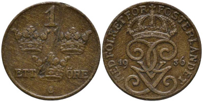 Швеция 1 эре 1936 Густав V (1907-1950), длинная 6 KM 777.2 бронза 201-1134