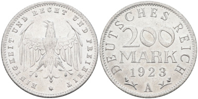Германия 200 марок 1923 A KM 35, J. 304, Weege 22 алюминий UNC 4586-224