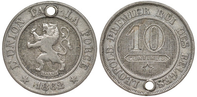 Бельгия 10 сантимов 1862 KM 22 медно-никель 217-556