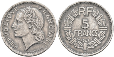 Франция 5 франков 1947 B, открытая 9, тип Лаврийе KM 888b.2, Le Franc 339.11 алюминий 81-136