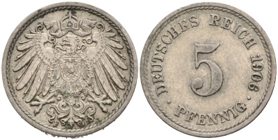 ГЕРМАНИЯ 5 ПФЕННИГОВ 1906 F, KM 11, J. 12 медно-никель 75-833