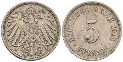 Германия 5 пфеннигов 1914 A, KM 11, J. 12 медно-никель 220-727