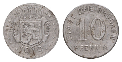 Цвайбрюккен 10 пфеннигов 1919 Funck 630.2, Men05 28182.3, Men18 35439.3 железо 4659-351