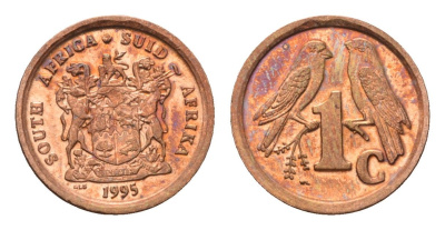ЮАР 1 цент 1995 герб, капские воробьи KM 132 сталь плакированная медью UNC 4694-135