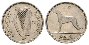 Ирландия 6 пенсов 1928 собака, ирландский волкодав KM 5 никель 4682-549