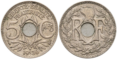 Франция 5 сантимов 1936 KM 875 медно-никель 4596-641