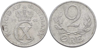 ДАНИЯ 2 ЭРЕ 1941 N; S, КРИСТИАН X (1912-1947) KM 833 алюминий 67-523