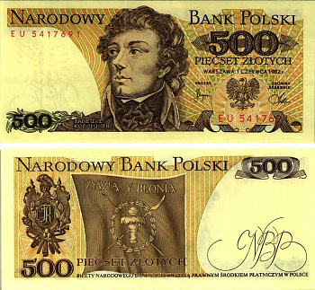 Польша 500 злотых 1982 Тадеуш Костюшко Pick 145 d бумага aUNC 7487-32-1-2