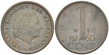 НИДЕРЛАНДЫ 1 ЦЕНТ 1969 ЮЛИАНА (1948-1980) KM 180 бронза 214-1044