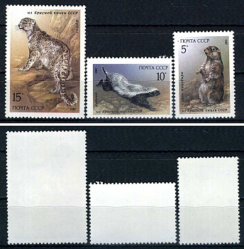 СССР набор из 3 марок (5, 10 и 15 копеек) 1987 Млекопитающие, занесенные в Красную книгу СССР - сурок Мензбира, медоед, ирбис Загорский 5763, 5764 и 5765    марка с оригинальным клеем, без следов наклейки (чистая) 8707-5-1-1