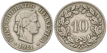 Швейцария 10 раппенов 1911 B KM 27 медно-никель 4169-634