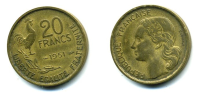 ФРАНЦИЯ 20 ФРАНКОВ 1951 ПЕТУХ, 4 ПЕРА KM 917.1, LE FRANC 402.7 алюминивая бронза 25-2436