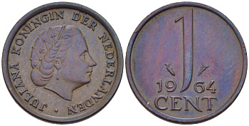 Нидерланды 1 цент 1964 Юлиана (1949-1980) KM 180 бронза 66-428