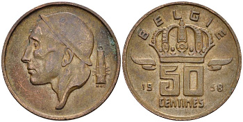Бельгия 50 сантимов 1958 Belgie, Бодуэн I (1951-1993) KM 149.1 бронза 4528-966