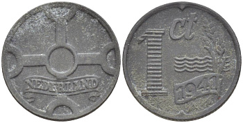 НИДЕРЛАНДЫ 1 ЦЕНТ 1941 ВИЛЬГЕЛЬМИНА I (1891-1948), ГЕРМАНСКАЯ ОККУПАЦИЯ, ВТОРАЯ МИРОВАЯ ВОЙНА KM 170 цинк 4532-1129