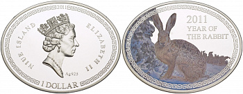 Ниуэ 1 доллар 2011 Год кролика, цветная эмаль, коробка, сертификат KM 510 серебро PROOF 4-3-3-02