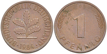 ФРГ 1 ПФЕННИГ 1984 D KM 105, J. 380 сталь плакированная медью 4181-657