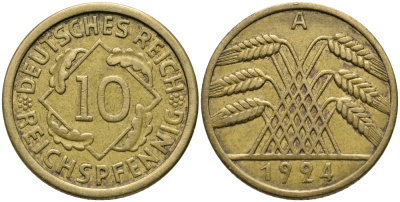 Германия 10 рейхспфеннигов 1924 A KM 40, J.317, Weege 9 алюминиевая бронза 51-655