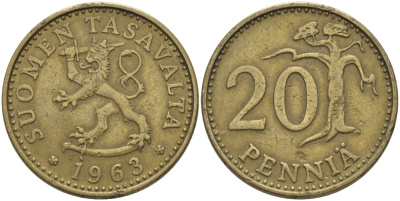 ФИНЛЯНДИЯ 20 ПЕННИ 1963 S KM 47 алюминиевая бронза 28-134