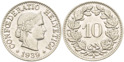 ШВЕЙЦАРИЯ 10 РАППЕНОВ 1939 В KM 27 медно-никель 216-1231