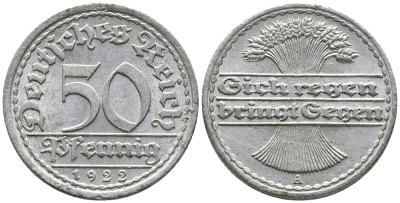 ГЕРМАНИЯ 50 ПФЕННИГОВ 1922 A KM 27, J. 301 алюминий 24-1045