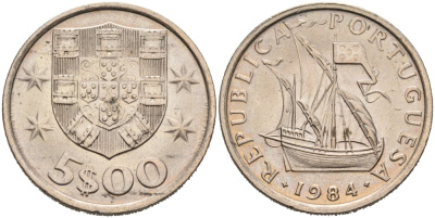 Португалия 5 эскудо 1984 парусник KM 591 медно-никель 4556-1157