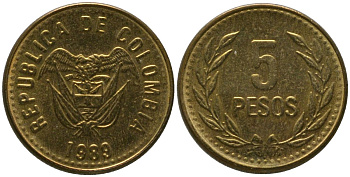 Колумбия 5 песо 1989 KM 280 алюминиевая бронза 4528-253