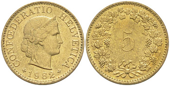 Швейцария 5 раппенов 1982 KM 26с алюминий латунь 105-812