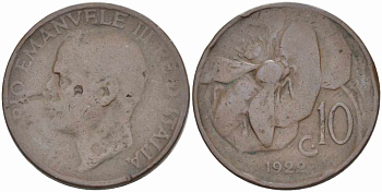 ИТАЛИЯ 10 ЧЕНТЕЗИМО 1922 R, ВИКТОР ЭМАНУИЛ III (1900-1946) ПЧЕЛА KM 60 медь 63-216