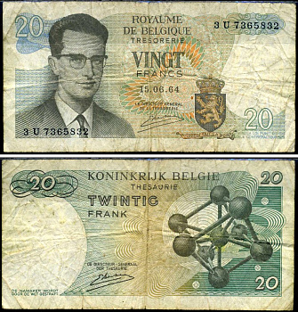 Бельгия 20 франков 1964 Бодуэн I, атомиум, Kestens Pick 138 (3) бумага 7221-13-3-2