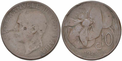 ИТАЛИЯ 10 ЧЕНТЕЗИМО 1922 R, ВИКТОР ЭМАНУИЛ III (1900-1946) ПЧЕЛА KM 60 медь 63-216