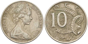 Австралия 10 центов 1970 Елизавета II (1952-), птица лирахвост KM 65 медно-никель 4382-927