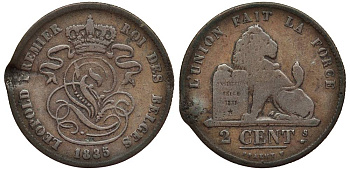БЕЛЬГИЯ 2 САНТИМА 1835 BELGES, ЛЕОПОЛЬД I (1831-1865) KM 4.2 медь 27-815