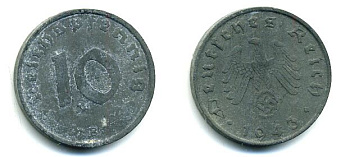 ГЕРМАНИЯ 10 РЕЙХСПФЕННИГОВ 1943 B цинк 62-2539