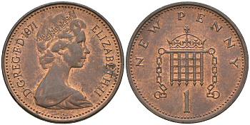 Великобритания 1 пенни 1971 Елизавета II (1952-2022) KM 915, Spink 4237 (B1) бронза    4602-551