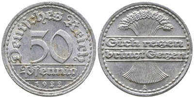 ГЕРМАНИЯ 50 ПФЕННИГОВ 1922 A KM 27, J. 301 алюминий 24-1042