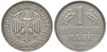 ФРГ 1 марка 1956 D KM 110, J 385 медно-никель 25-2111