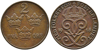 Швеция 2 эре 1915 Густав V (1907-1950) KM 778 бронза 54-2454