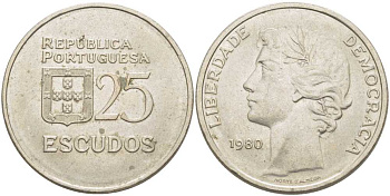 Португалия 25 эскудо 1980 первый год KM 607а медно-никель 113-241