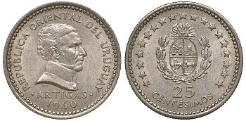 Уругвай 25 сентесимо 1960 KM 40 медно-никель 4169-838